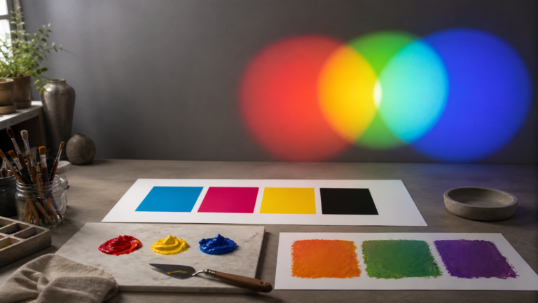 A color studio comparing red green blue light, cyan magenta yellow print swatches, and red yellow blue paint