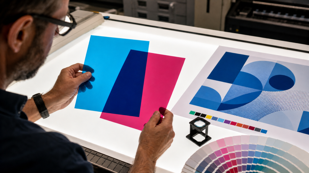 A prepress operator overlapping cyan and magenta sheets to create a deep blue area