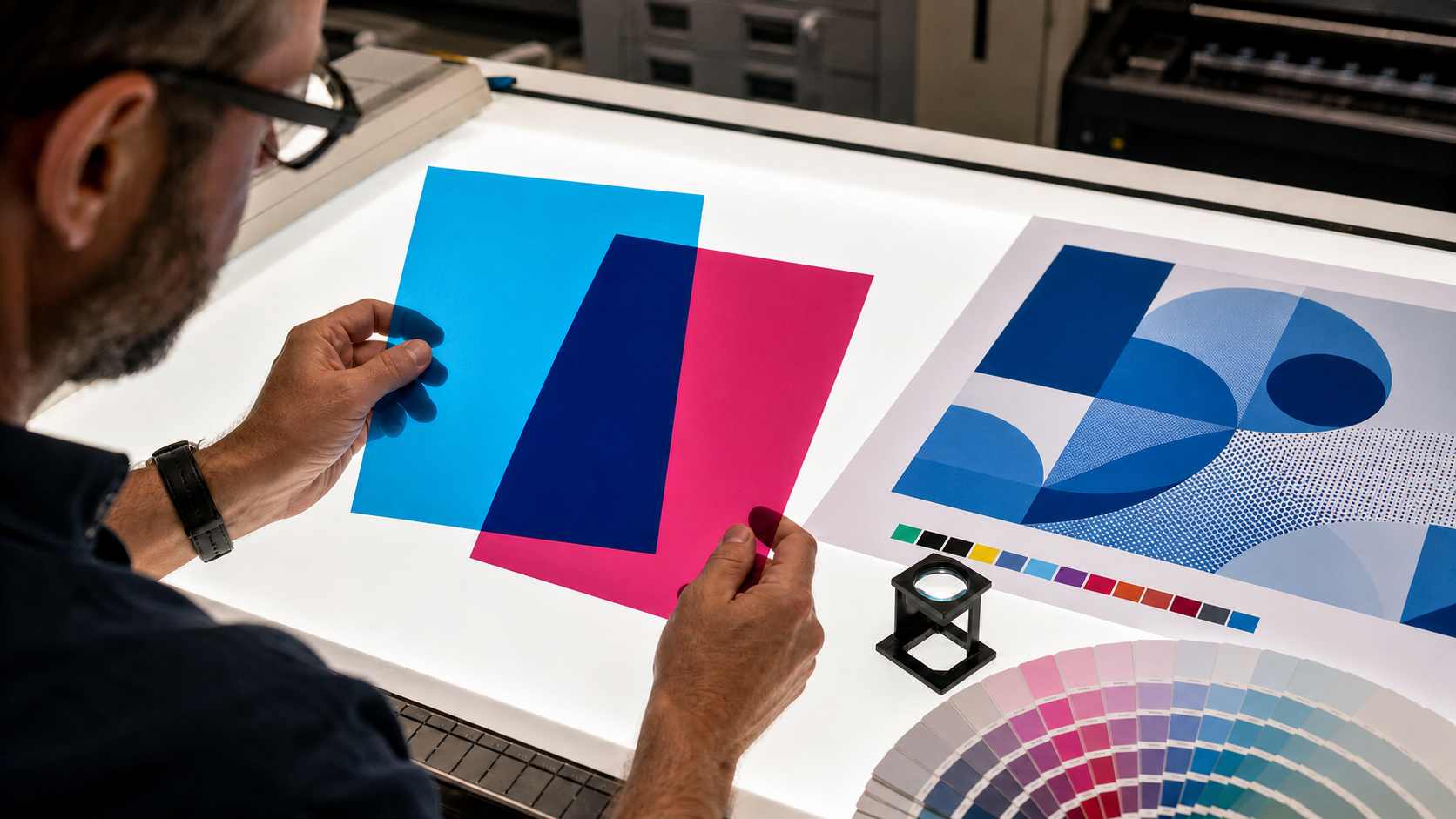 A prepress operator overlapping cyan and magenta sheets to create a deep blue area