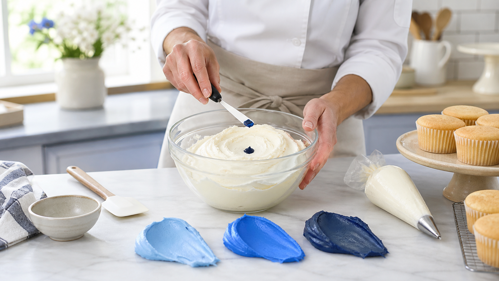 A pastry decorator adding a small dab of blue gel to white buttercream beside three blue frosting shades