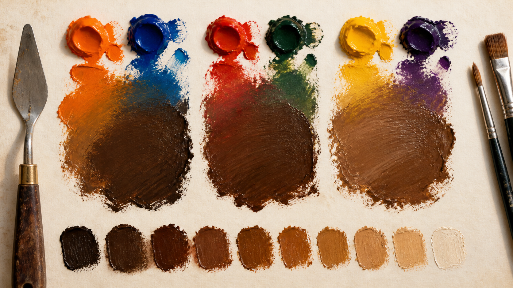 Three complementary paint pairs blend into a range of brown swatches on an artist palette