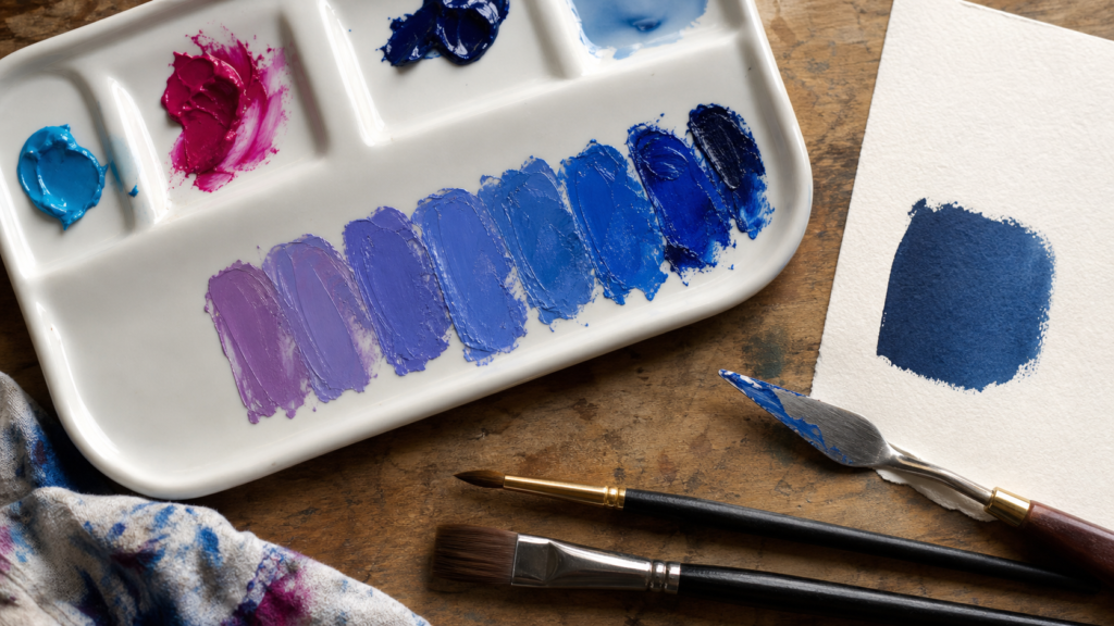 Cyan and magenta artist paint mixed through violet-blue and deep-blue swatches