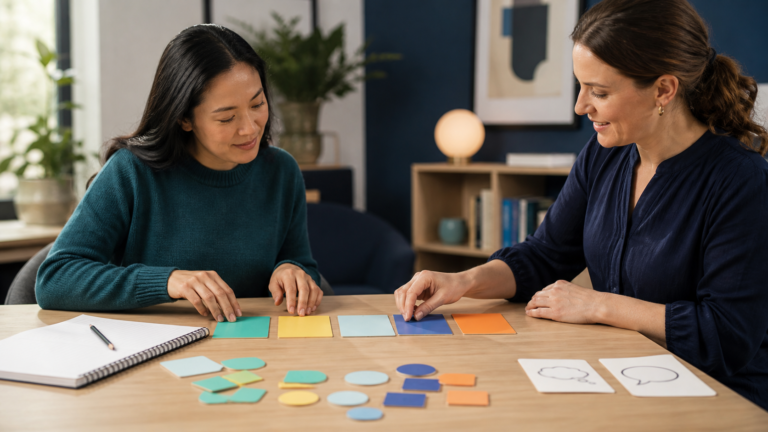 An English learner and tutor arranging color-coded sentence cards on a desk