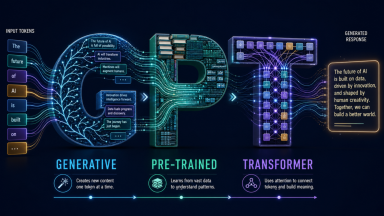 GPT letters visualize generative output, pre-training patterns, and transformer token connections