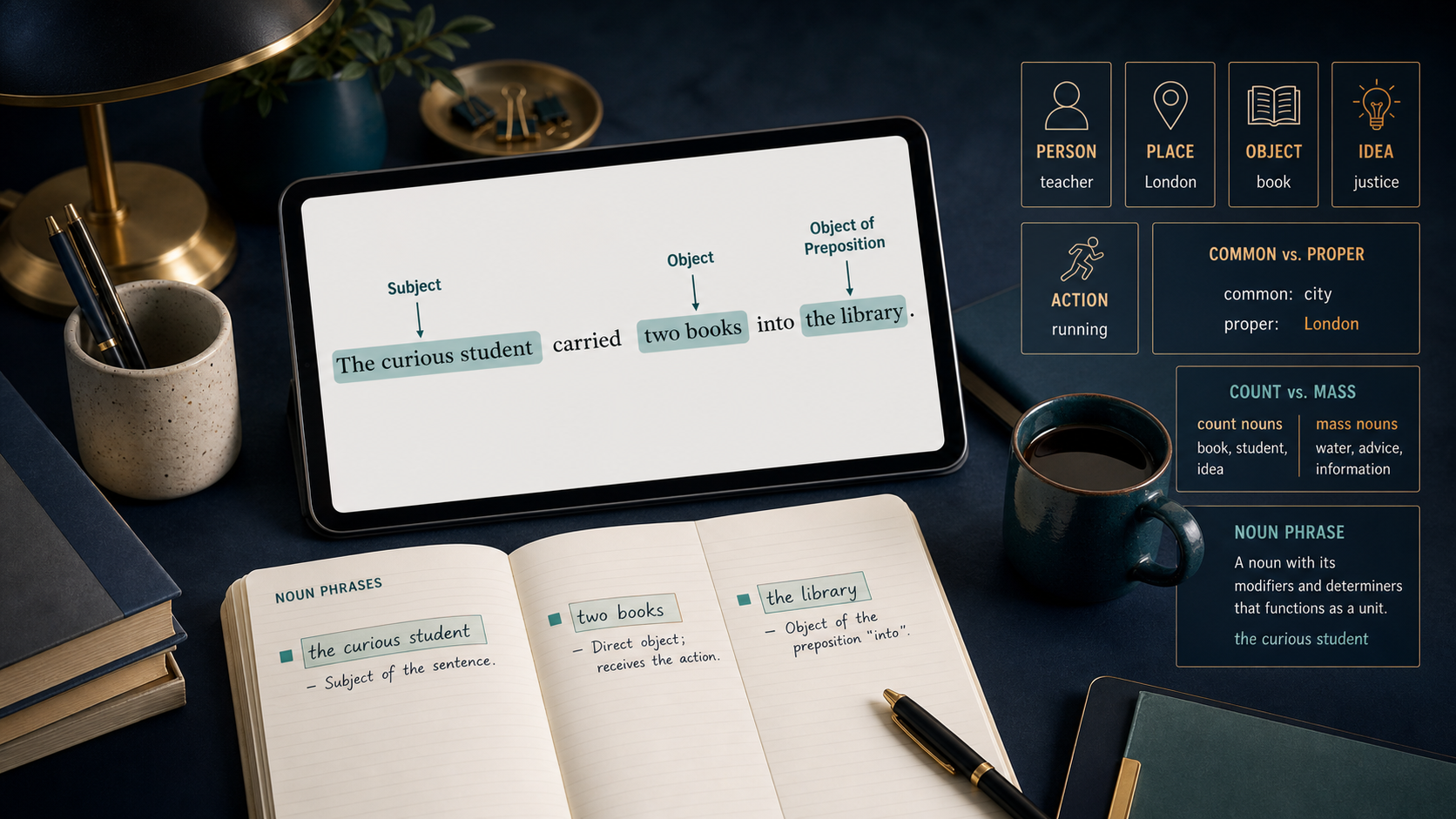 Sentence analysis highlights noun phrases acting as subject, object, and object of a preposition