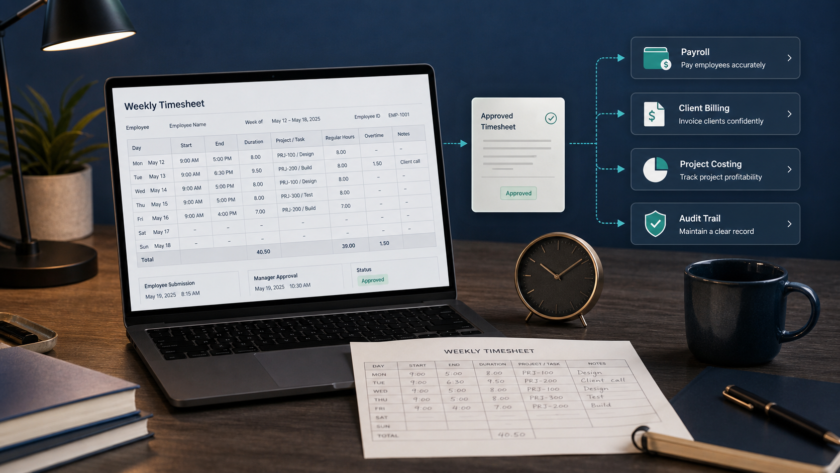 Approved weekly timesheet feeds payroll, client billing, project costing, and an audit record