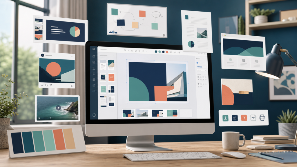 Browser-based visual design workspace surrounded by presentation, social, video, document, website, and print outputs