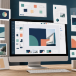 Browser-based visual design workspace surrounded by presentation, social, video, document, website, and print outputs