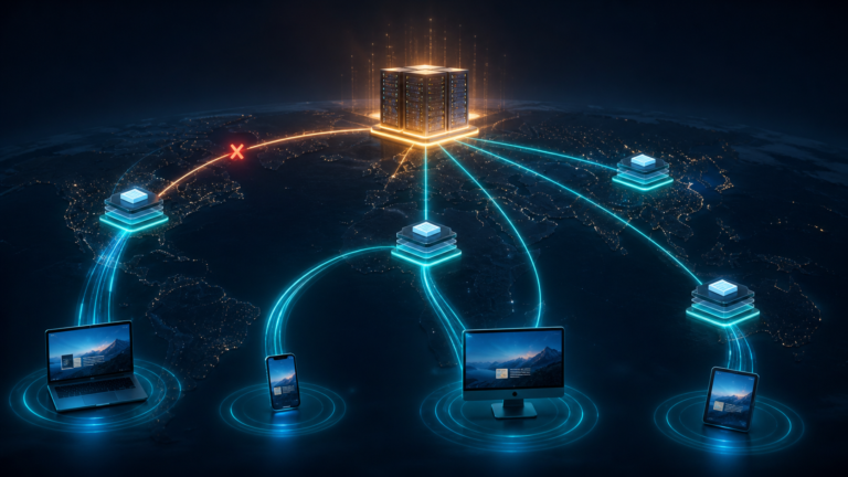 Global origin server distributing cached web assets through nearby edge locations to user devices