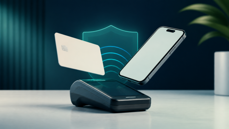 A blank bank card and smartphone hover over an unbranded contactless payment terminal