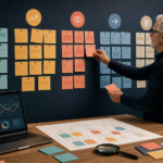 A content strategist organizing website page cards into action groups beside analytics and a site map