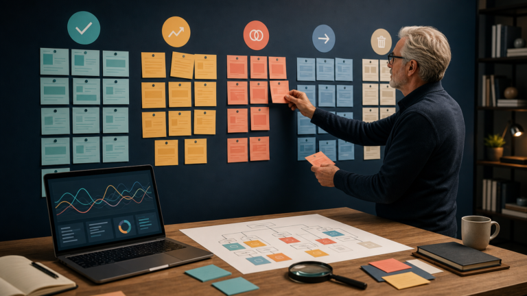 A content strategist organizing website page cards into action groups beside analytics and a site map