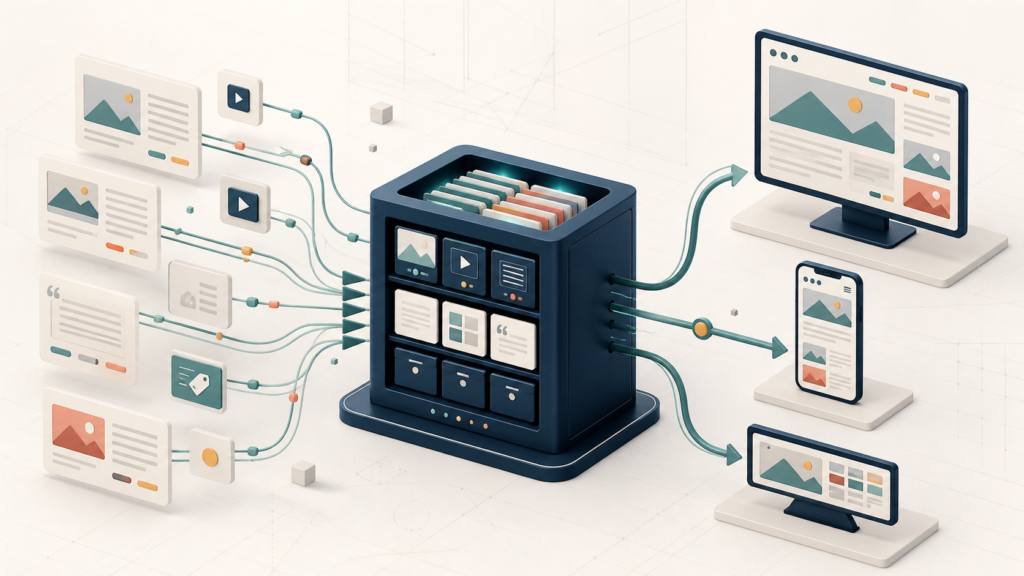 Modular content flows into a central repository and out to several digital channels