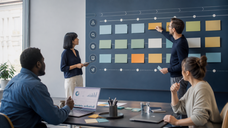 A cross-functional team arranging a content system around an audience journey