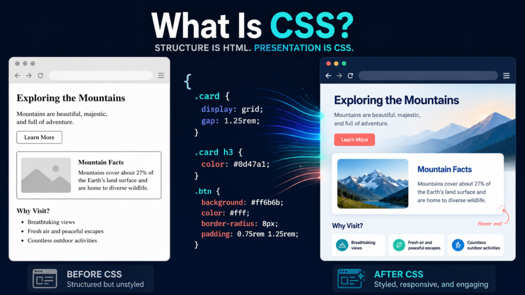 Same HTML page appears plain before CSS and polished after CSS rules are applied