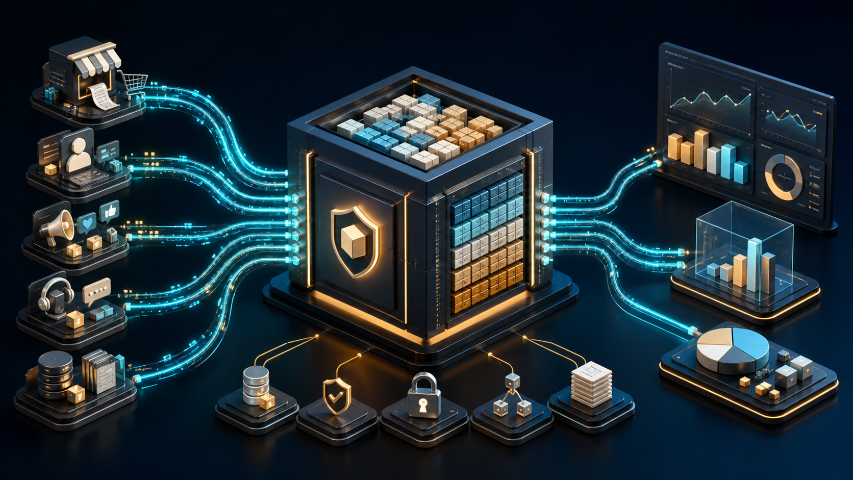 Business data sources flow into a secure central analytical warehouse and then into charts and decision systems