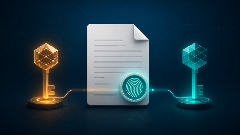 A digital document connected to distinct private signing and public verification keys by a cryptographic seal