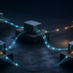 Five separate computing nodes exchange messages while one connection fails and traffic takes another path