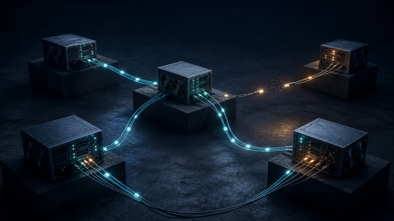 Five separate computing nodes exchange messages while one connection fails and traffic takes another path