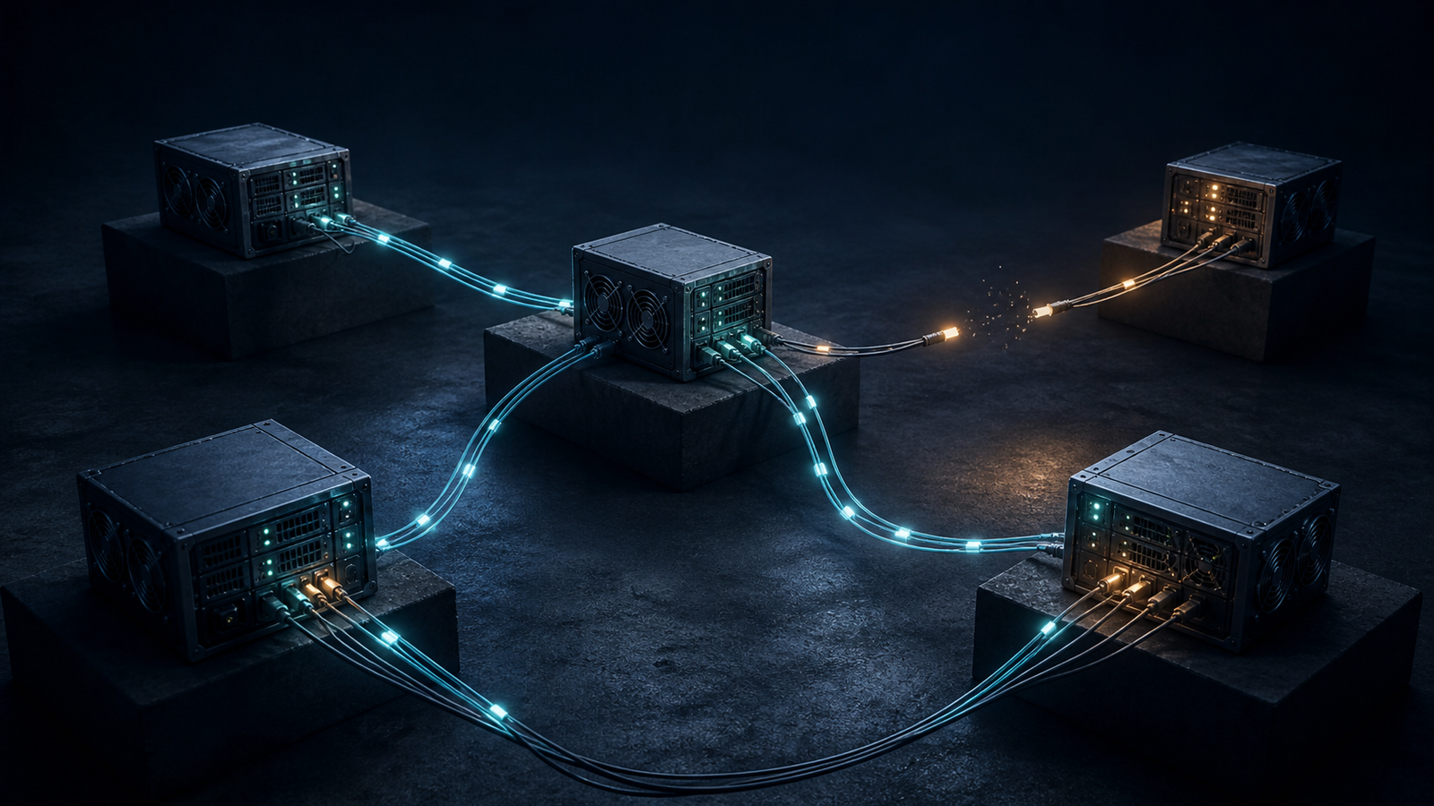 Five separate computing nodes exchange messages while one connection fails and traffic takes another path