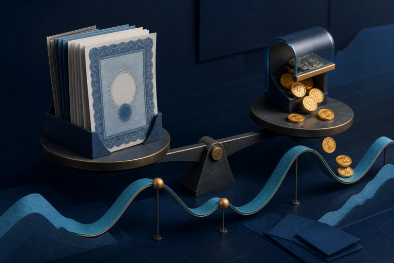 A balance comparing generic stock certificates with a measured stream of dividend tokens above a changing price ribbon