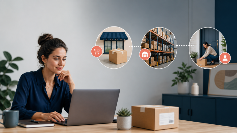 A store owner coordinating an order that moves from a supplier warehouse to a customer