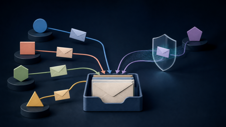 Several envelope routes converge on one inbox while one route passes through a privacy shield