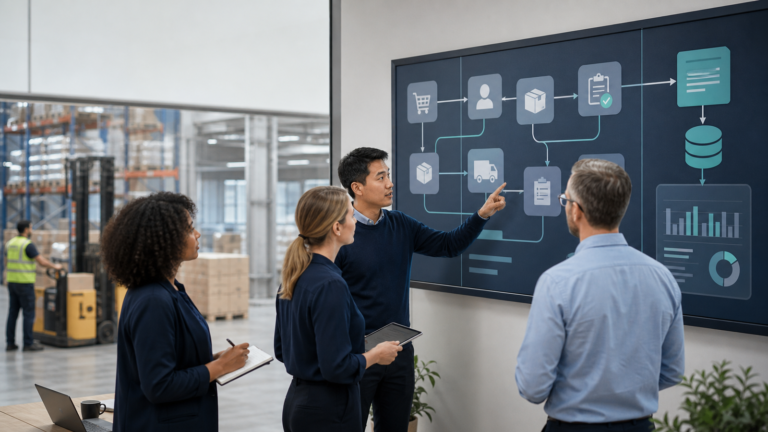 Operations and finance colleagues reviewing a connected business workflow on a large display
