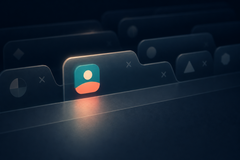 A distinctive small icon glowing among several muted abstract browser tabs