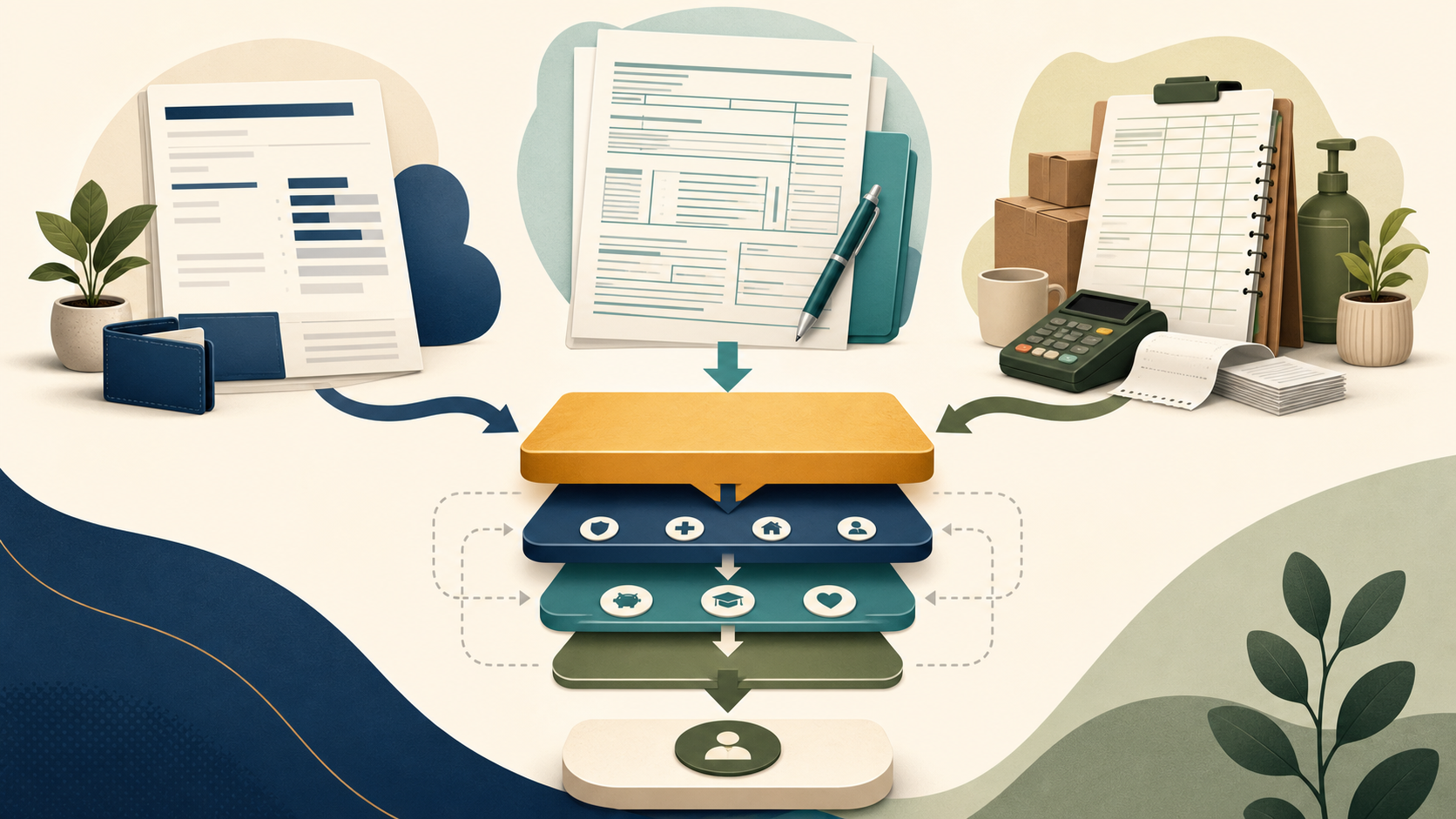 Pay statement, tax document, and small-business ledger feed into separate financial layers