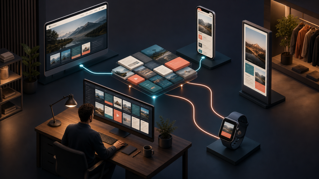 An editor managing modular content distributed to several digital screens