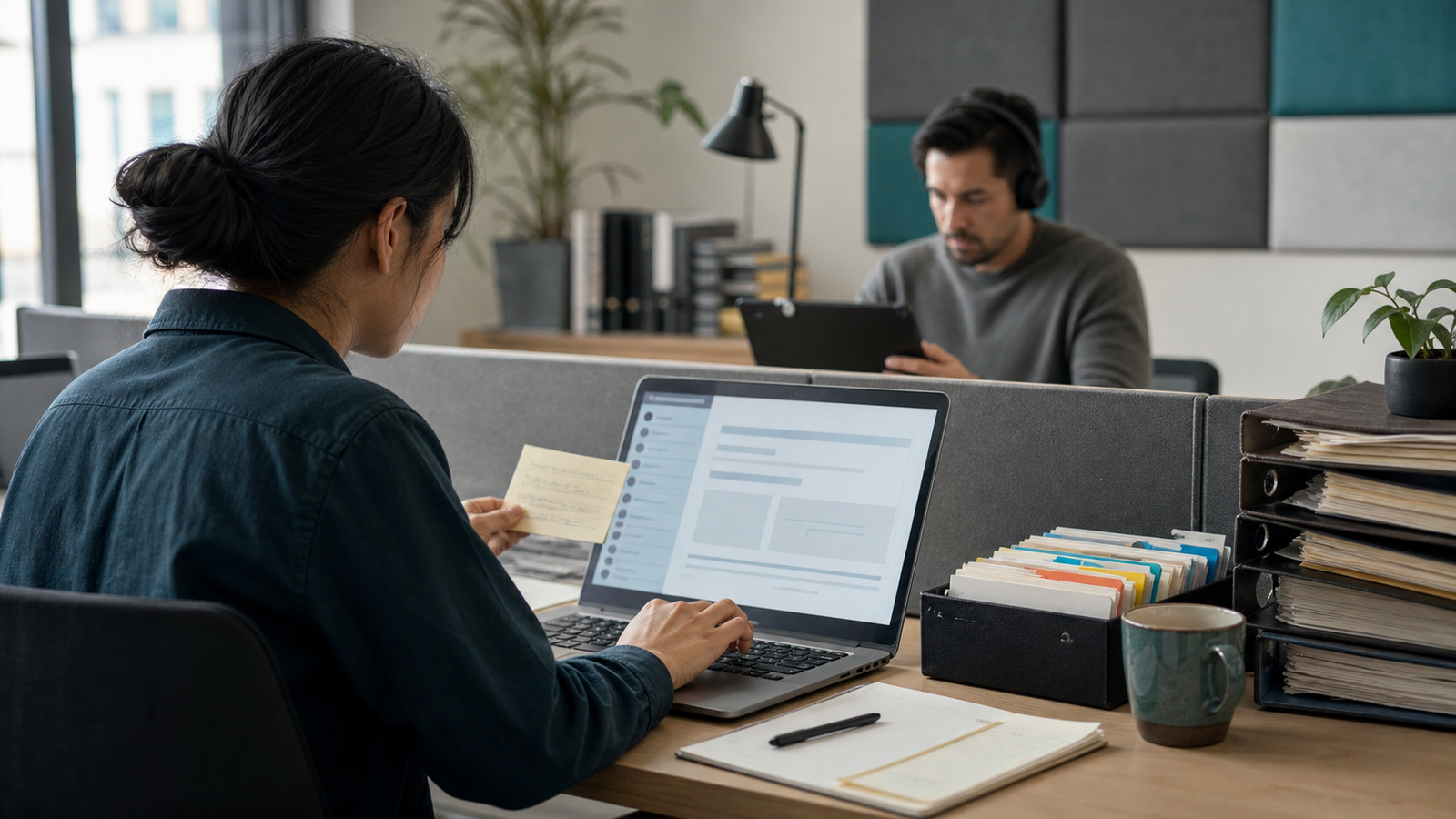 A support specialist turns a resolved issue into an organized digital reference while a teammate verifies the result