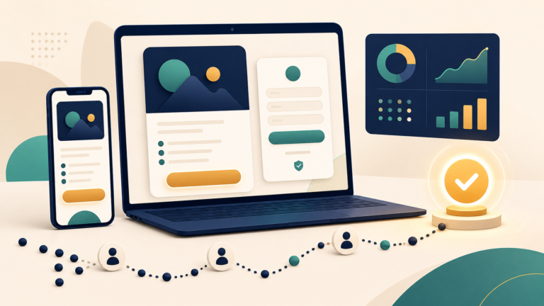 Landing page on desktop and mobile leads visitors toward a verified success point