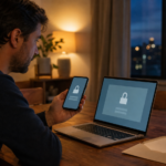 A person checks a secure account workflow across a laptop and phone at home