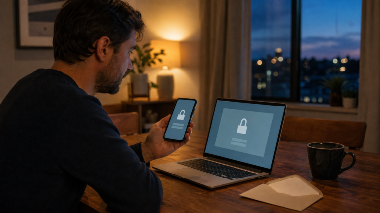 A person checks a secure account workflow across a laptop and phone at home