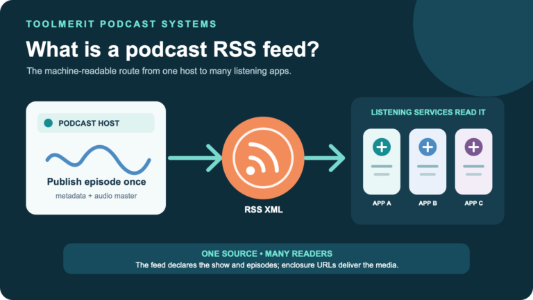 A podcast host sending one RSS feed to several listening apps while audio is delivered from a media server.