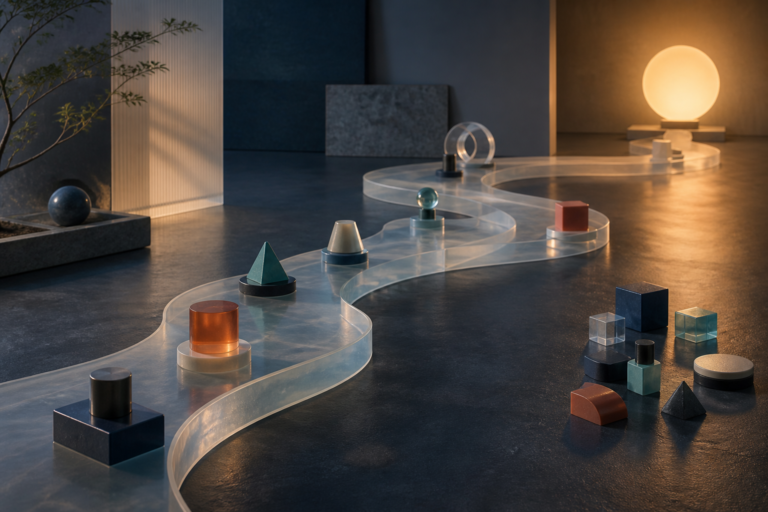 A flexible translucent route with movable milestones leading toward an illuminated outcome