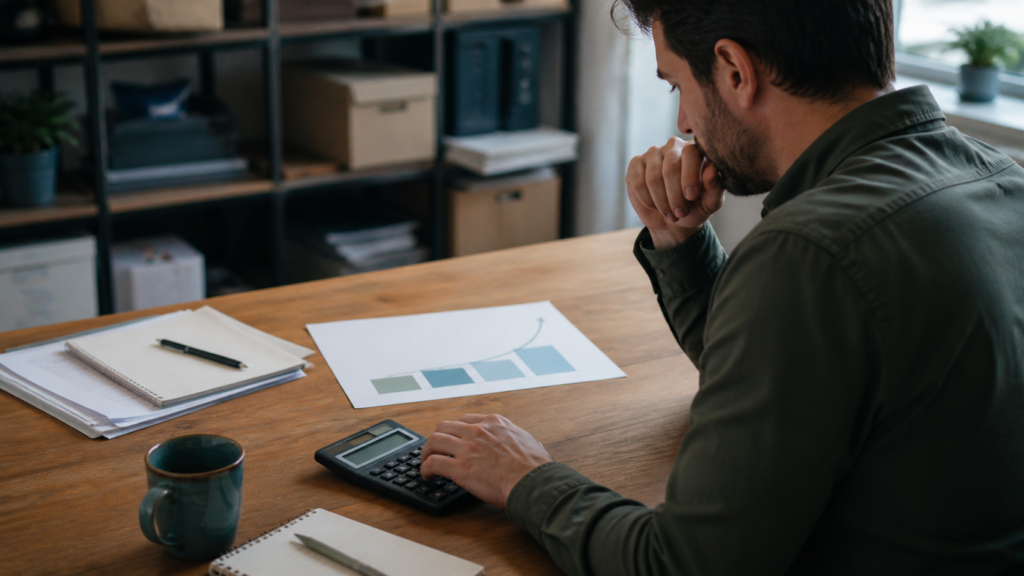 A small-business operator uses a calculator to examine an unlabeled cost and return worksheet