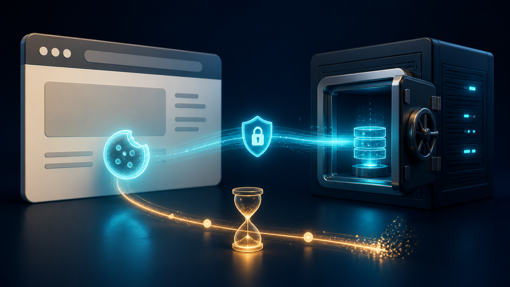 A browser exchanges a temporary cookie token with a secure server-side session vault