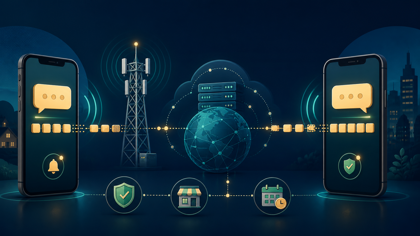 A text message travels between phones through a cellular tower and carrier network