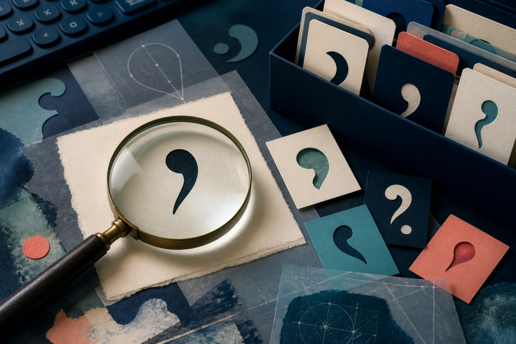 A magnifying glass examining an ambiguous punctuation mark among shape and context clues