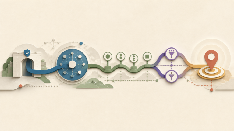 A structured route passes through web address components and ends at a precise destination