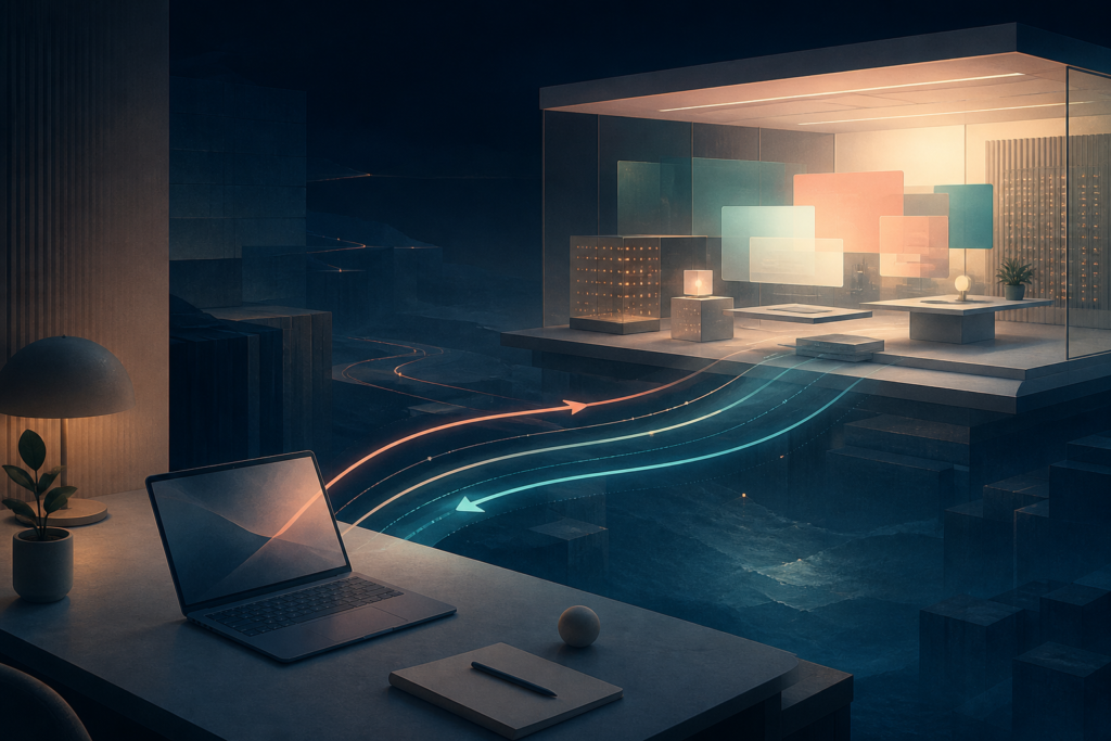 A local laptop connected by light paths to a distant computing workspace where the desktop runs