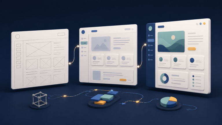 Three interface boards evolve from a rough wireframe to a more refined generic product screen