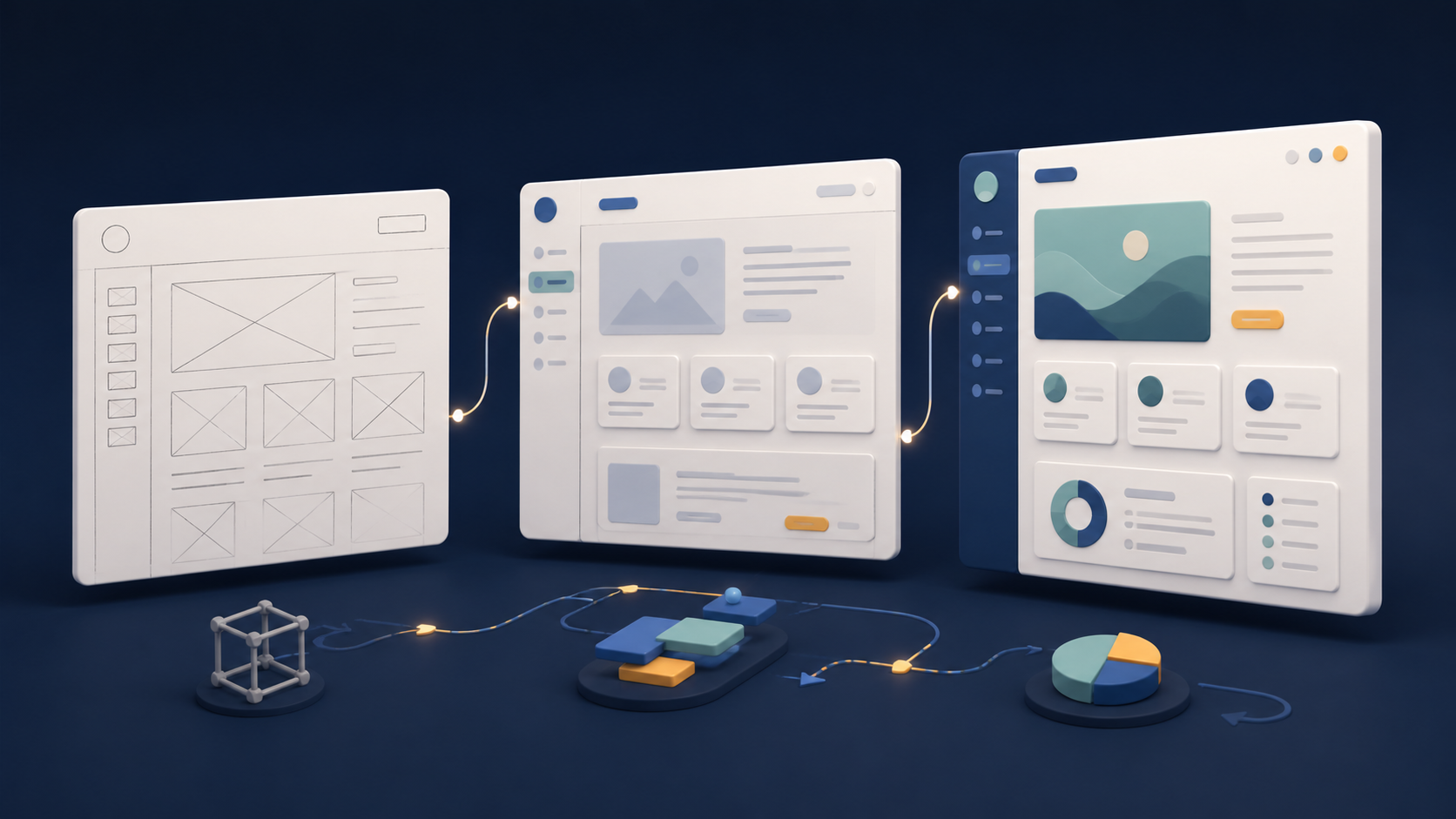 Three interface boards evolve from a rough wireframe to a more refined generic product screen