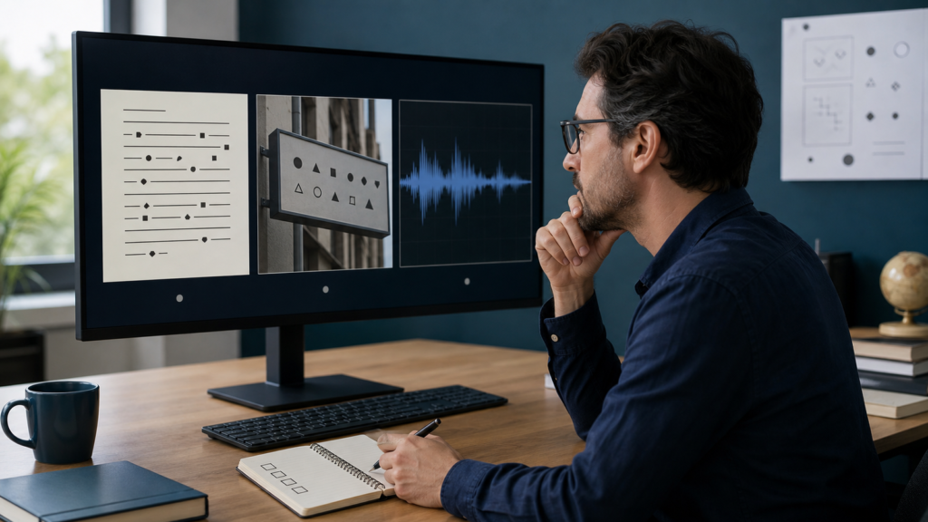 A researcher comparing an unfamiliar message, a photographed sign, and an audio waveform