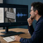 A researcher comparing an unfamiliar message, a photographed sign, and an audio waveform