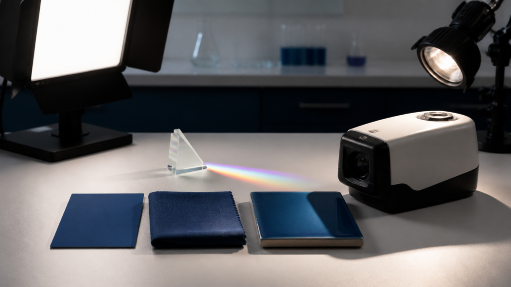 Blue paint, fabric and ceramic samples under two studio lights beside a spectrophotometer and prism