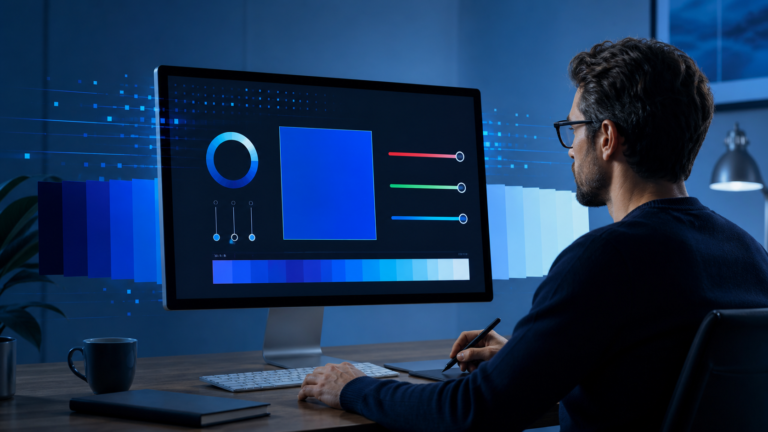 A designer adjusting an abstract RGB color picker beside a range of blue screen swatches