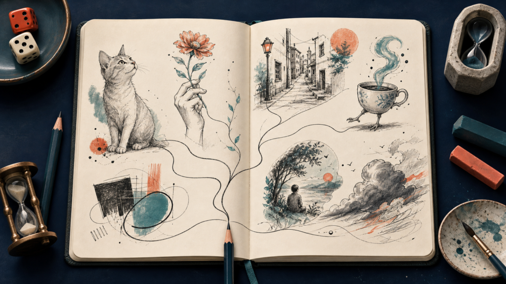 Open sketchbook contains drawing ideas including a cat, flower, street, imagined creature, landscape, and abstract forms